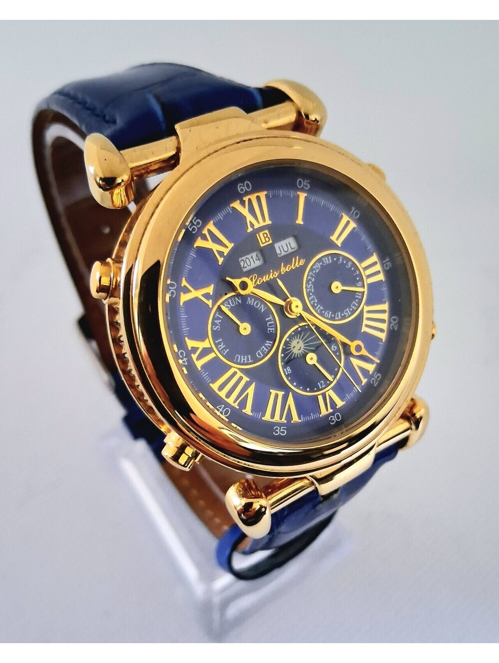 GORGEOUS RARE Louis Bolle 8126-029 Gold Filled Blue Croc Leather Automatic Watch
